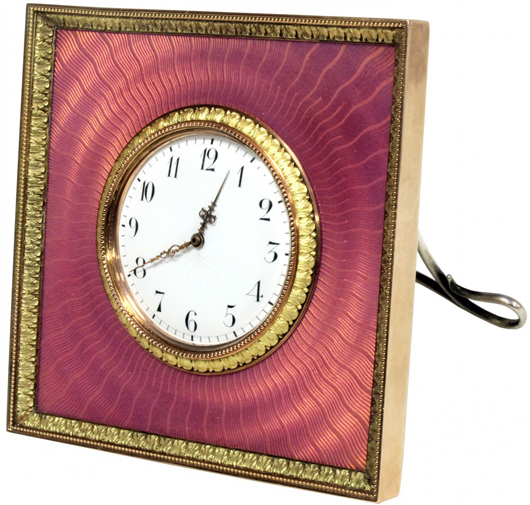 Stunning Russian gold and silver enameled desk clock with Faberge marks. Estimate: $200,000-$250,000. Image courtesy of Elite Decorative Arts.